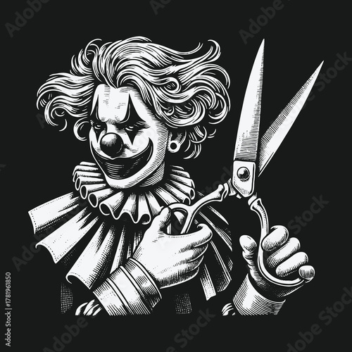 Sinister Clown with Large Scissors in a Vintage Engraving Style.