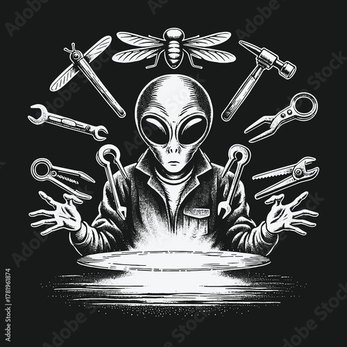 Monochrome Illustration of an Alien Mechanic Levitating Tools.