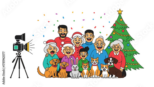 Family Portrait Christmas: A cheerful family gathering with their beloved pets, capturing the holiday spirit with a festive Christmas tree and vibrant confetti creating a joyous holiday scene.