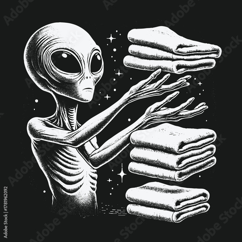 Funny grey alien using telekinesis to fold laundry towels.