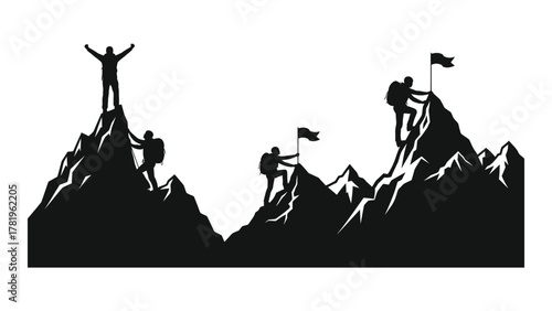 Mountain climbers silhouettes on peaks isolated on white background, Vector