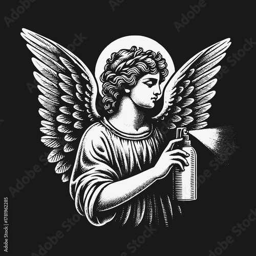 Classical angel with a halo holding a graffiti spray paint can.