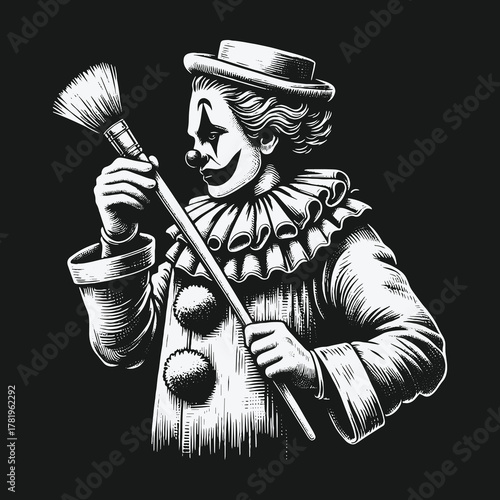 Vintage black and white illustration of a clown holding a large paintbrush.