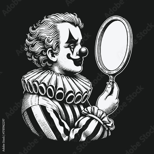 Vintage black and white engraving of a sad clown looking into a mirror.