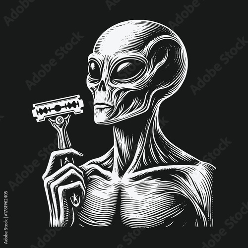 Monochrome Engraving Style Illustration of an Alien Holding a Razor.