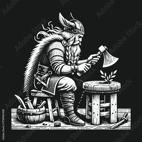 Bearded Viking warrior sharpening an axe in a monochrome illustration.