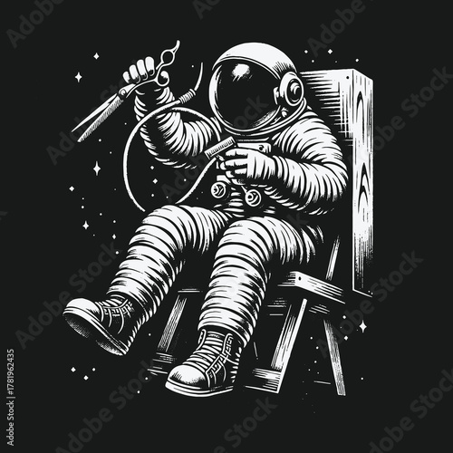 Monochrome illustration of an astronaut working on a wooden chair in space.