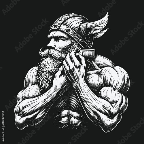 Muscular Viking Warrior with Horned Helmet and Beard.