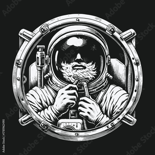 Monochrome illustration of a bearded astronaut in a spacesuit looking through a porthole.
