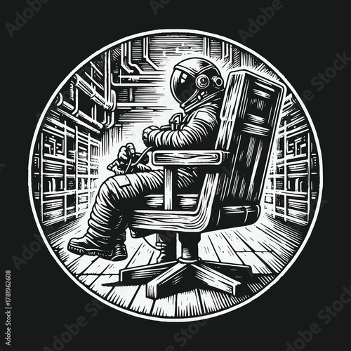 Astronaut in a Spacesuit Patiently Waiting in an Office Chair Inside a Spaceship.