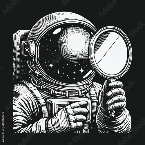 Monochrome Engraving of an Astronaut Holding a Magnifying Glass.