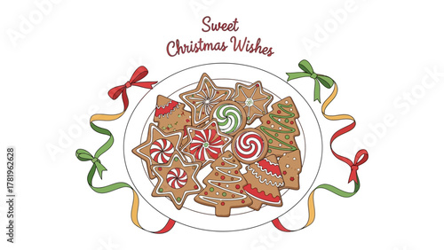 Festive Cookie Delight: A plate piled high with an assortment of charming Christmas cookies, adorned with colorful icing, ribbons, and sweet wishes, perfect for holiday cheer.