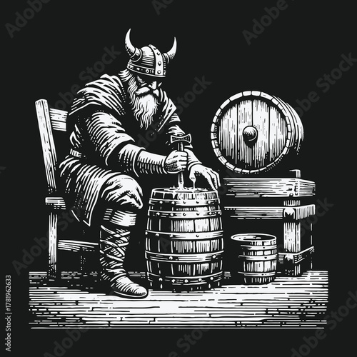 Viking warrior with a long beard preparing a wooden barrel of ale.