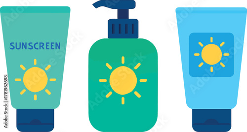 Sunscreen bottles and containers for summer vacation and skin protection offering a variety of skincare solutions