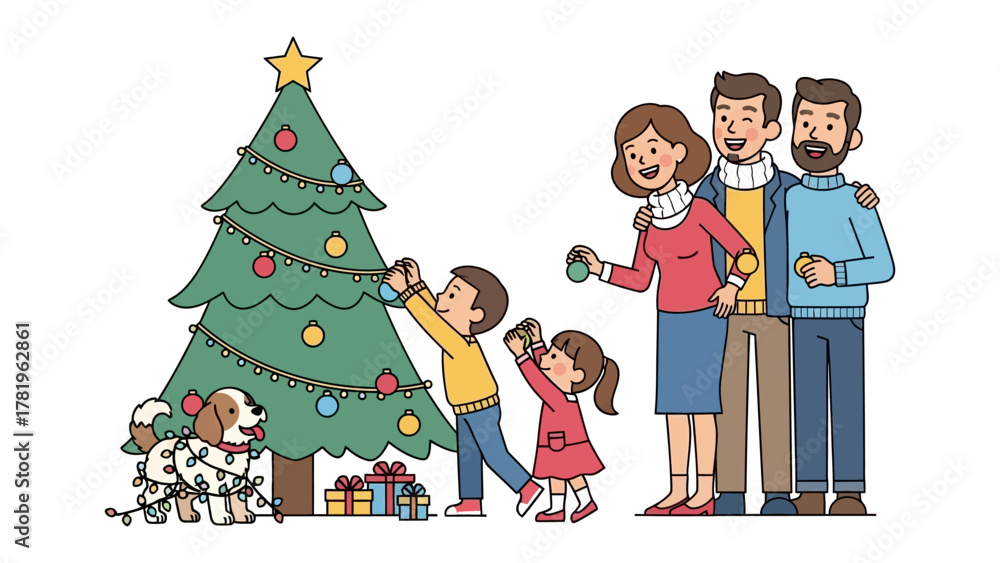 Fototapeta premium Christmas Eve Bliss: A family unites in the joyous tradition of decorating their Christmas tree, a symbol of festive spirit, as they prepare for the magic of the holiday. 