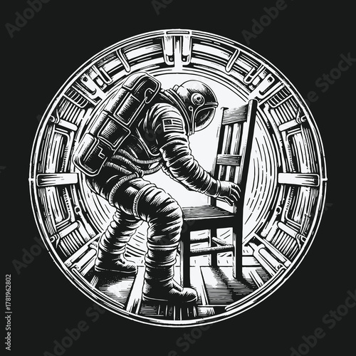 Monochrome Astronaut in Spaceship Corridor with Wooden Chair Illustration.
