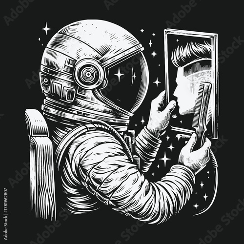 Astronaut in outer space holding a mirror and a straight razor.