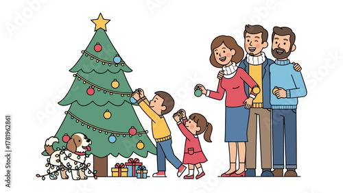 Christmas Eve Bliss: A family unites in the joyous tradition of decorating their Christmas tree, a symbol of festive spirit, as they prepare for the magic of the holiday. 