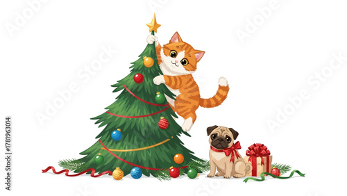 Christmas Cheer: A Cute Cat and Dog Decorating a Festive Christmas Tree, Embodying Holiday Spirit and Joy.