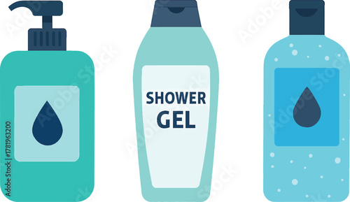 Three colorful bottles of bath products illustrating personal hygiene and cleansing routines in a modern and minimalist design concept