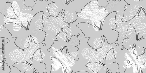 Black outline butterflies on a gray background with grunge butterfly silhouettes. Endless texture with abstract cute insect. Vector seamless pattern for wrapping paper, cover, surface texture or print