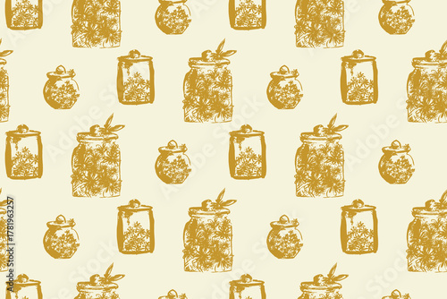 Organic hand painted flower jars in two shapes, forming a minimalist pattern in colors of mustard yellow on beige background. Abstract seamless vector pattern. Great for home decor, fabric, wallpaper.