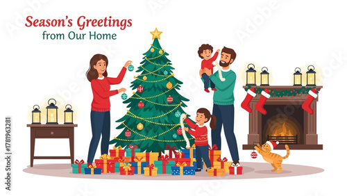 Festive Family Christmas: A warm and inviting scene of a family coming together to decorate a Christmas tree, with gifts piled beneath and the cozy ambiance of a fireplace.