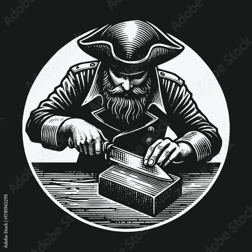 Vintage black and white illustration of a bearded pirate captain sharpening a knife.