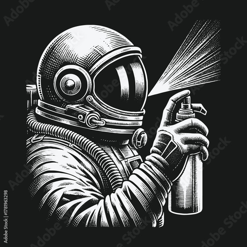 Astronaut street artist spraying graffiti from a can monochrome illustration.