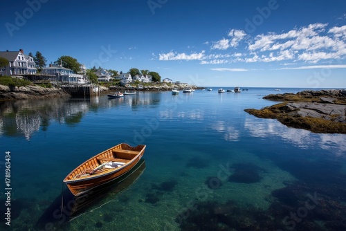 Scenic Perkins Cove, Ogunquit Maine: Charming Harbor with Fishing Boats Against a Coastal Cloudy Sky