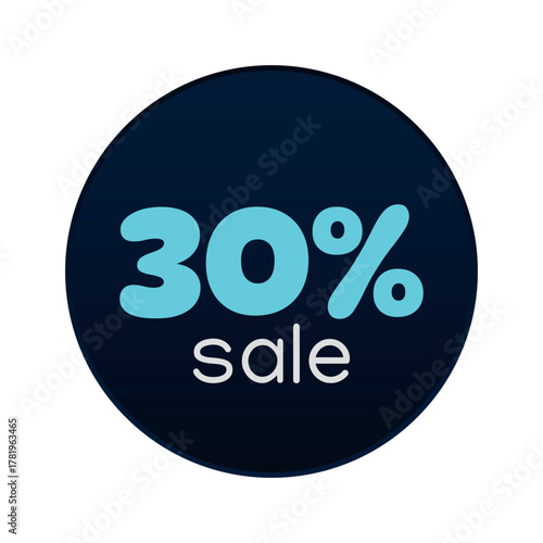 30 percent sale circle symbol. Blue gradient sign for discount label, black friday, best offer, advertisement. Vector isolated icon