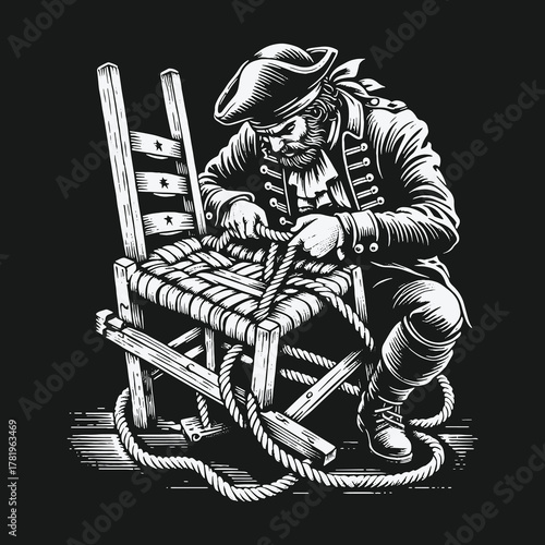 Vintage monochrome illustration of a colonial man weaving a rope seat for a wooden chair.