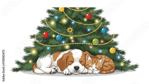 Peaceful Slumber Beneath the Boughs: A gentle dog and a small cat rest in cozy slumber, nestled together beneath the soft glow of a decorated Christmas tree.