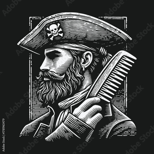 Monochrome illustration of a bearded pirate captain holding a grooming comb.
