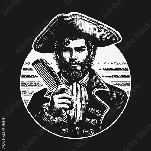 Monochrome Engraving of a Dapper Pirate Gentleman Holding a Comb.