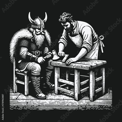 Viking Warrior Observes a Blacksmith Sharpening an Axe Illustration.
