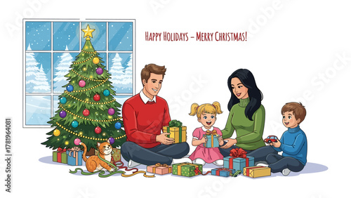 Holiday Cheer: A festive family joyfully unwraps gifts. Joy and togetherness characterize this holiday scene.