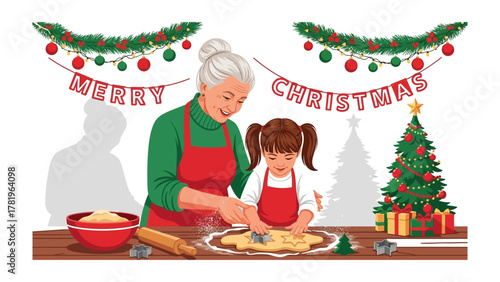 Christmas Cookie Creation: An older woman and a young girl engage in the heartwarming tradition of preparing festive cookies, creating a scene of love and holiday cheer.