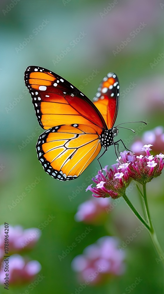 Fototapeta premium Close up of a Monarch Butterfly with orange and black wings perched on a cluster of small pink wildflowers with a soft green blurred background.