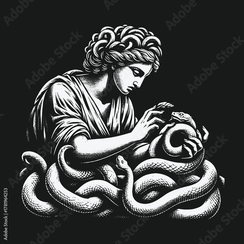 Statuesque mythological woman taming a tangle of serpents.
