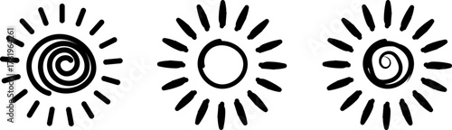 Three stylized sun symbols with spiral and oval designs