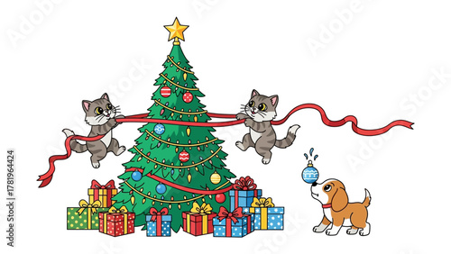 Christmas Cheer with Playful Companions: Amidst the festive glow of a Christmas tree, mischievous kittens playfully decorate with a ribbon, while a spirited puppy chases a festive bauble.