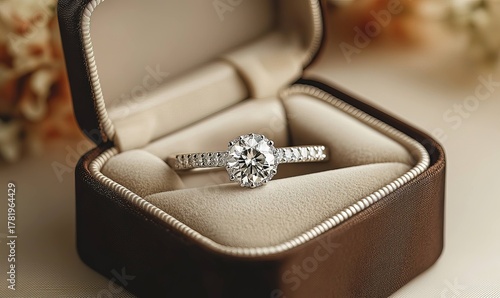 Elegant round diamond engagement ring in brown velvet box on neutral surface