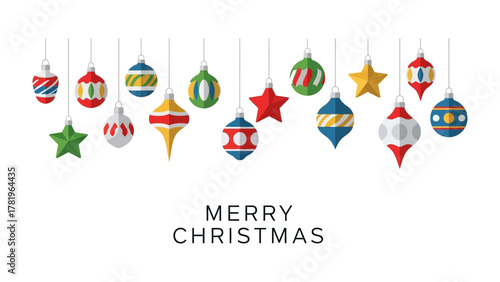 Festive Ornament Array: A collection of vibrant and uniquely designed ornaments, suspended gracefully, forming a delightful arrangement with the message MERRY CHRISTMAS below, spreading festive cheer.