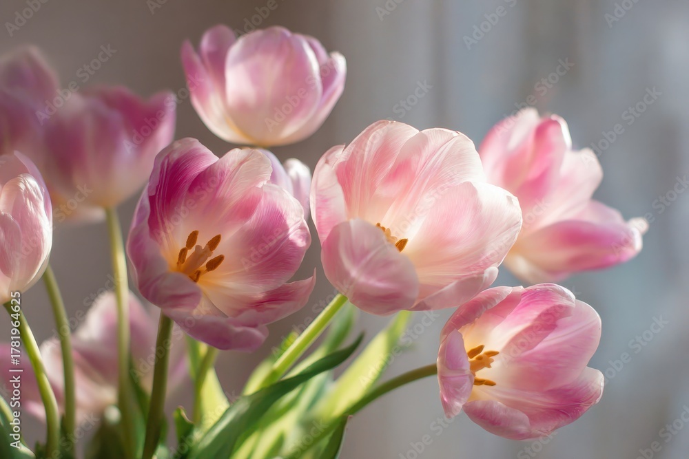 Fototapeta premium Charming tulip bouquet in soft pink hues with white edges and vibrant green leaves, set against a gentle backdrop for a warm and inviting ambiance. Perfect for floral enthusiasts