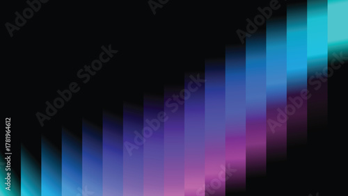 Abstract background with a minimalist pixelated curve in a colorful gradient (teal, blue, purple) on black with copy space.
