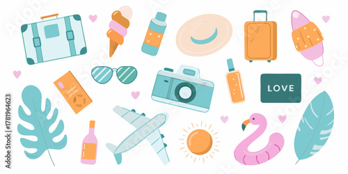 Collection of travel and summer vacation icons and elements including luggage airplane ice cream and beach accessories