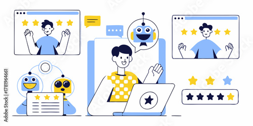 Customer service chatbot interacting with users and providing positive feedback with star ratings and happy faces