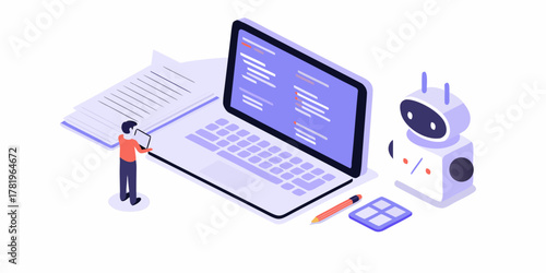 Programmer working with a laptop and robot assistant on a desk with documents and calculator