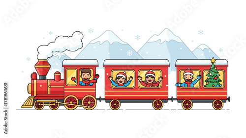 Holiday Express: A cheerful holiday train journeys through a snowy winter landscape, brimming with festive spirit, and transporting passengers to a destination filled with warmth and merriment.